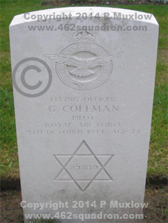 Headstone on grave for Flying Officer Gerald Coleman, 178780 RAFVR, 462 Squadron.